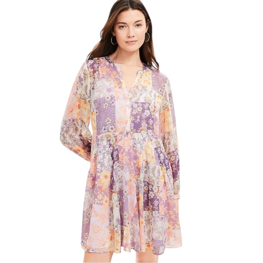 NWT LOFT Women’s Medium Floral Godet Split Neck Swing Dress Purple